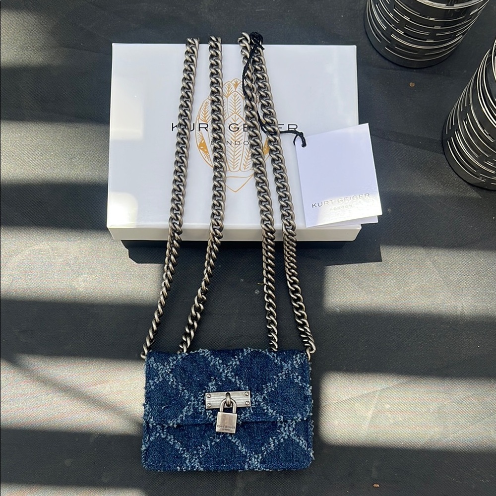 Kurt Geiger Denim Micro Brixton Bag with Silver Chain NWT - Picture 4 of 6